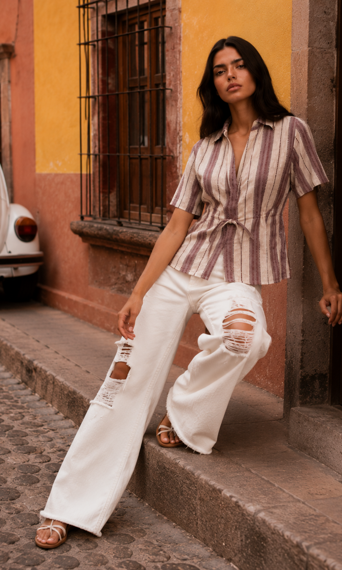 Slate Linen Plaid Drawstring-Waist Top