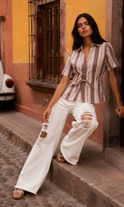 Slate Linen Plaid Drawstring-Waist Top