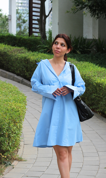 Pleated Detailed Blue Poplin Dress