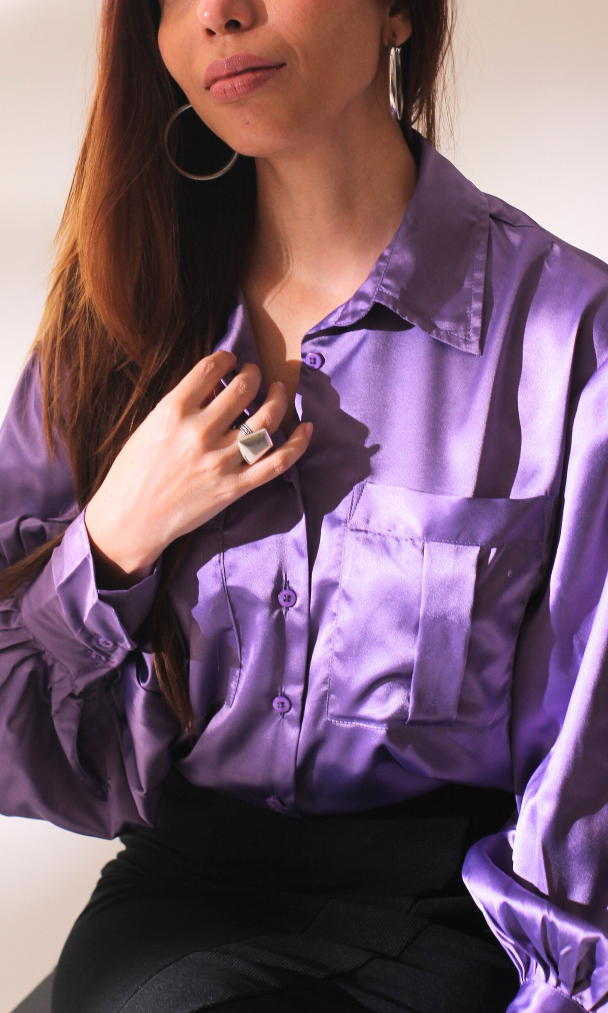 Purple Balloon Sleeved Satin Shirt