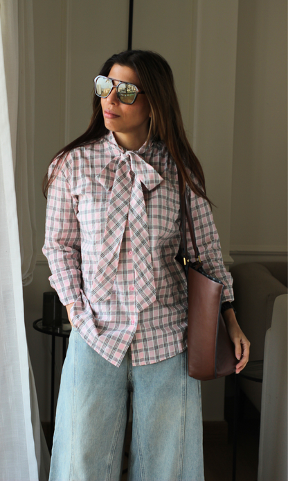 Ivory Pink Check Bow Tie Shirt