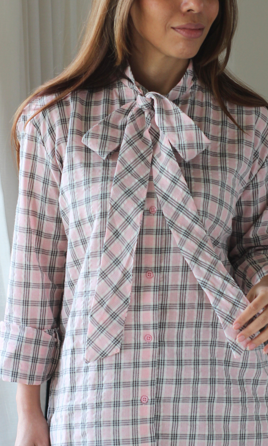 Ivory Pink Check Bow Tie Shirt