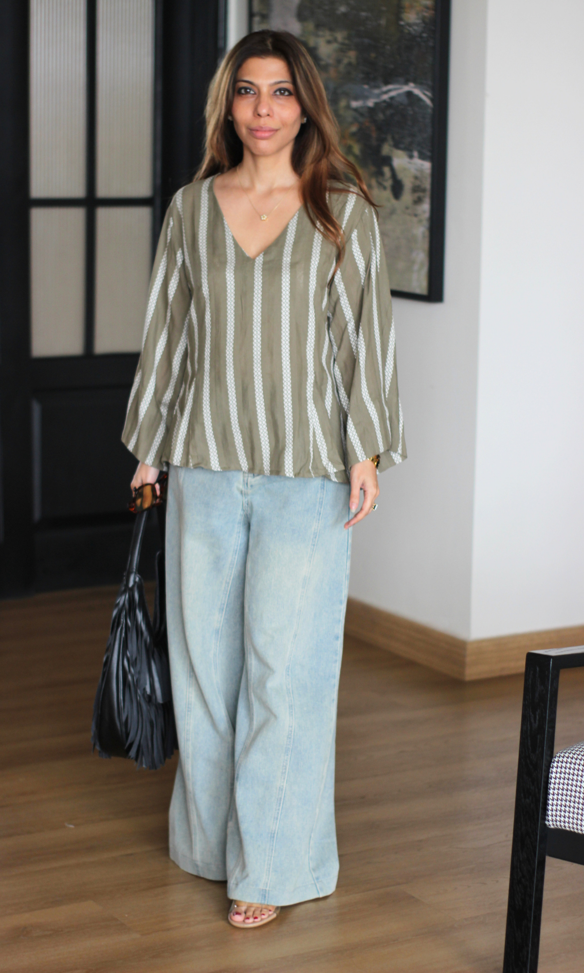 Olive Woven Border Stripe V-Neck Top