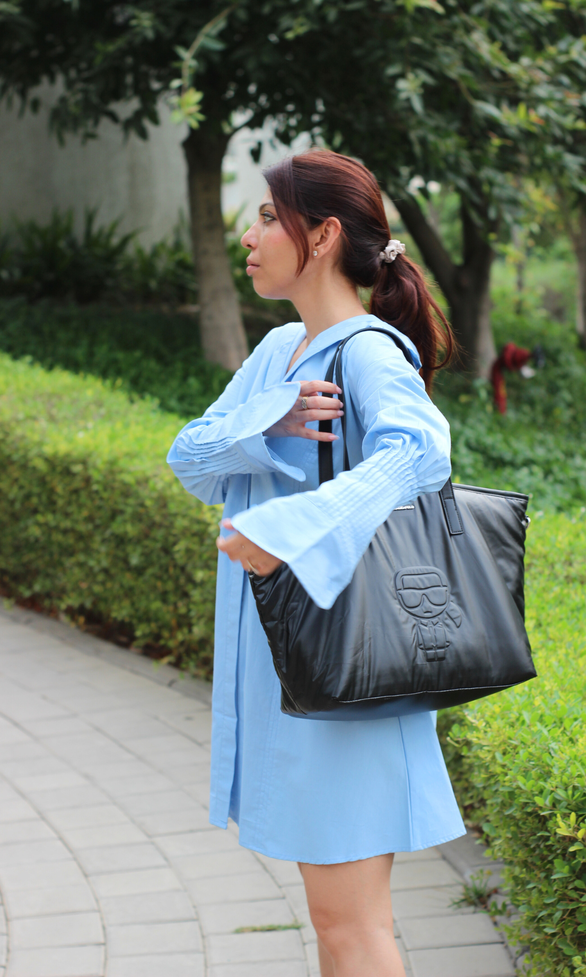 Pleated Detailed Blue Poplin Dress