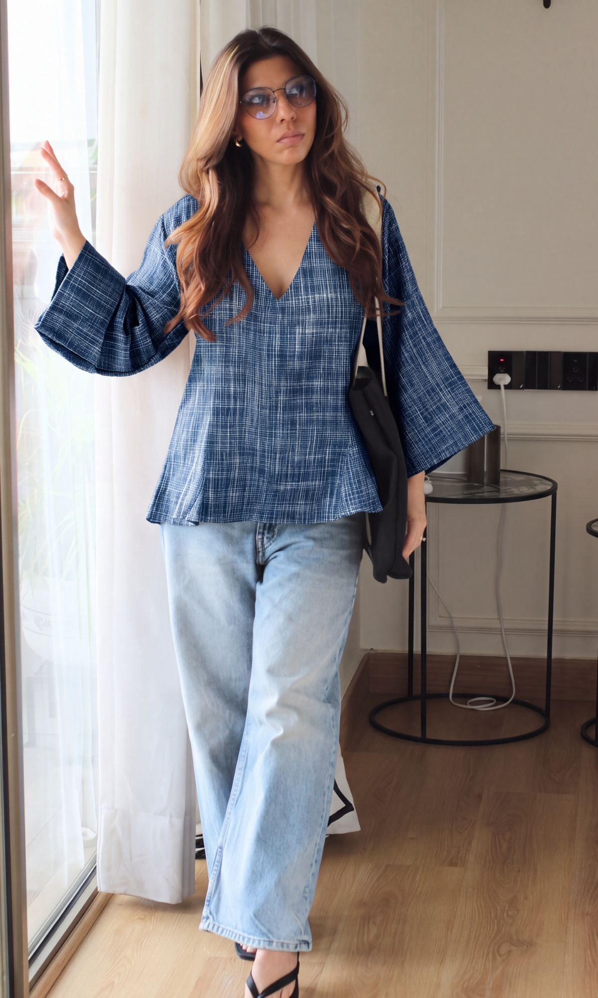 Navy Crosshatch V-Neck Peplum Top