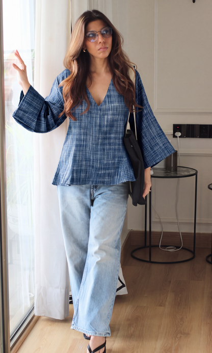 Navy Crosshatch V-Neck Peplum Top