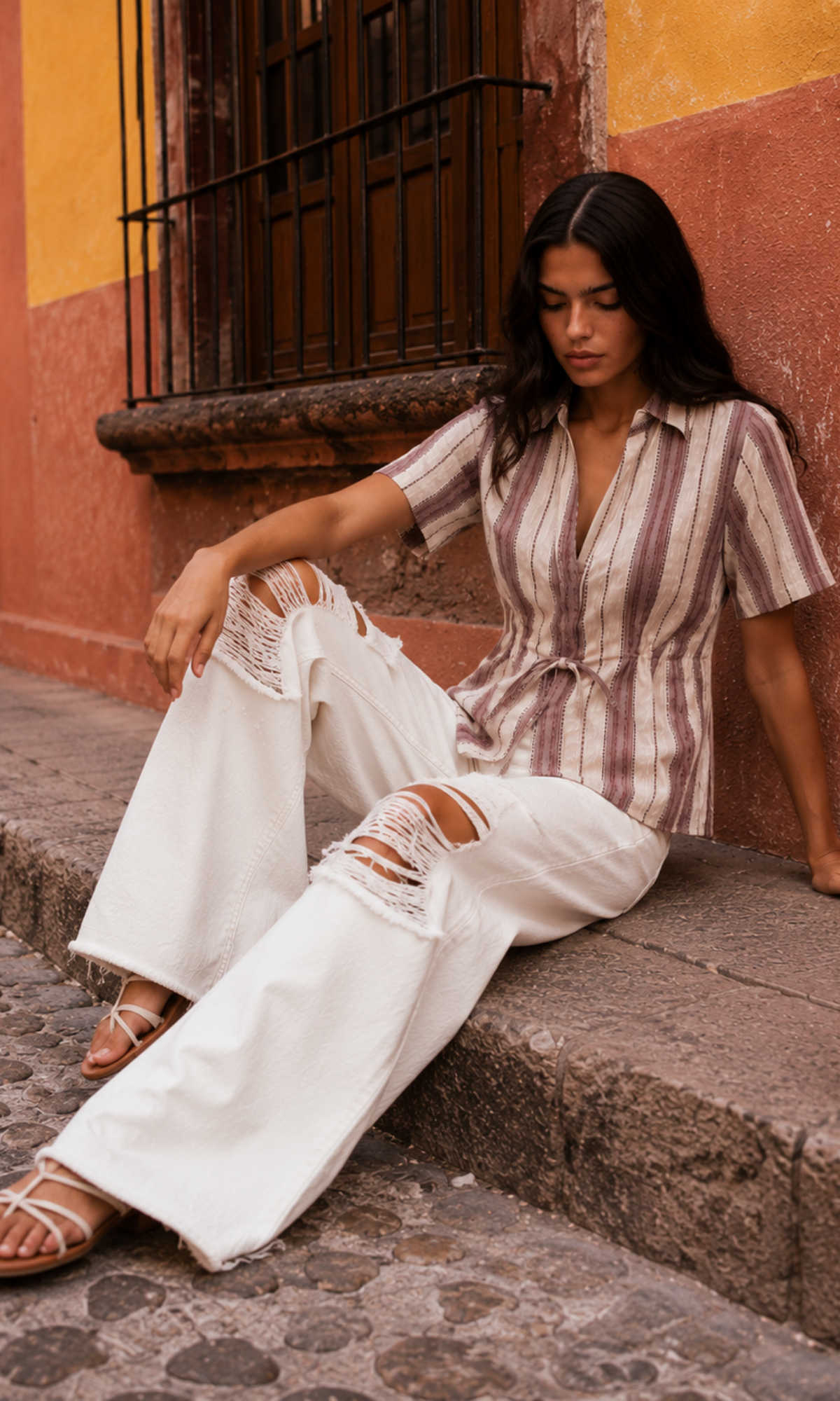 Slate Linen Plaid Drawstring-Waist Top