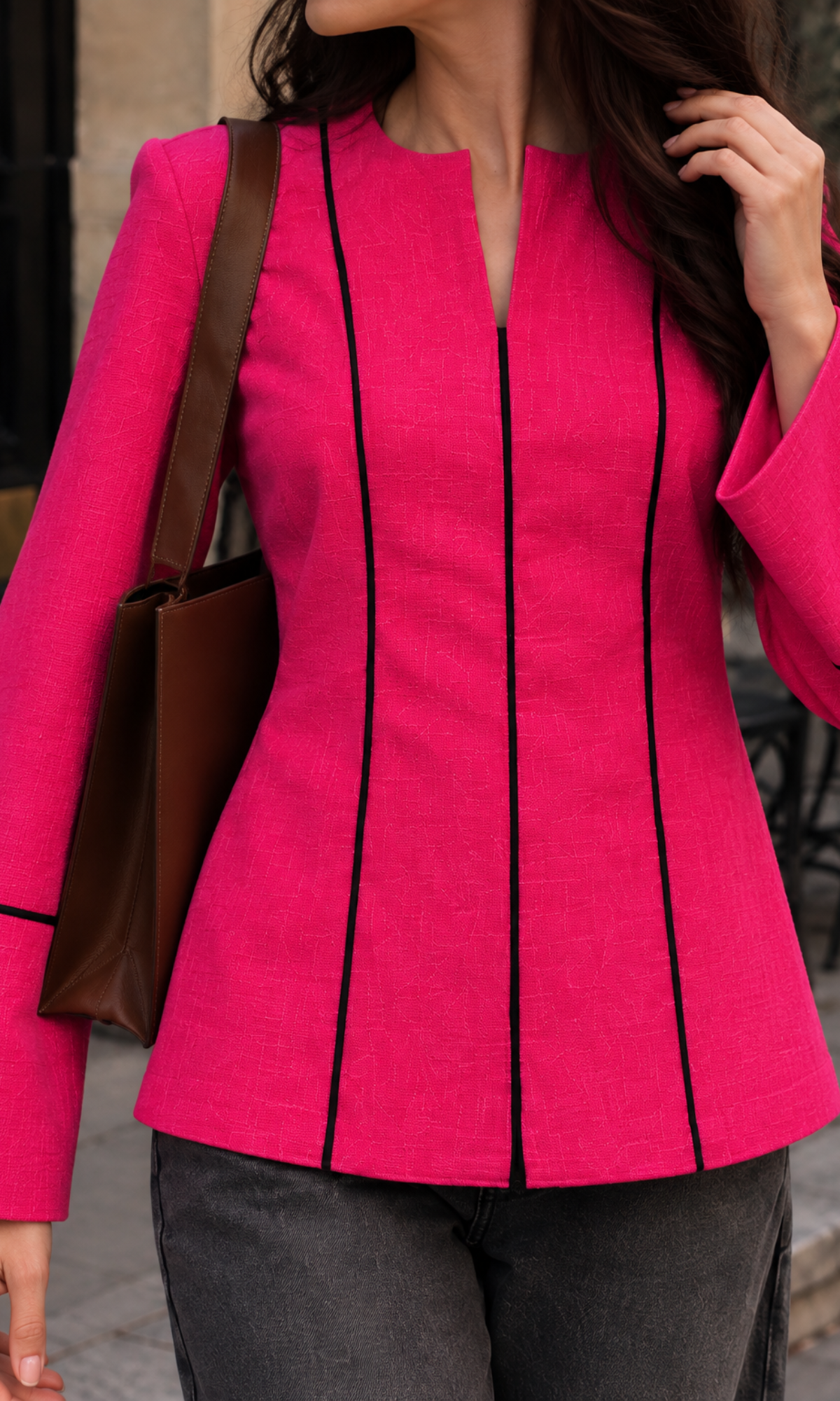 Contrast-Piped Fuchsia Rose Blouse