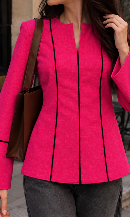 Contrast-Piped Fuchsia Rose Blouse