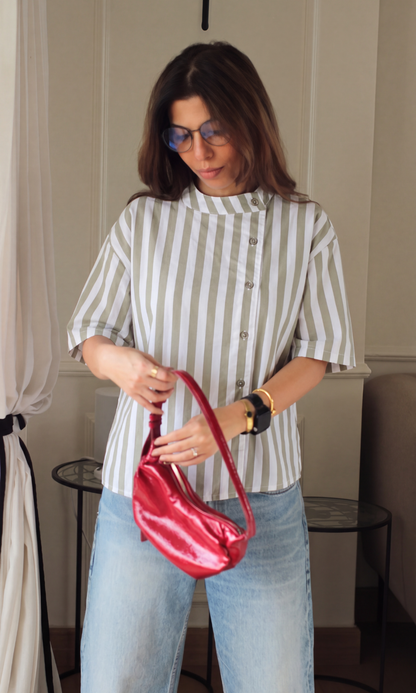 Olive Green Striped Mandarin Collar Shirt