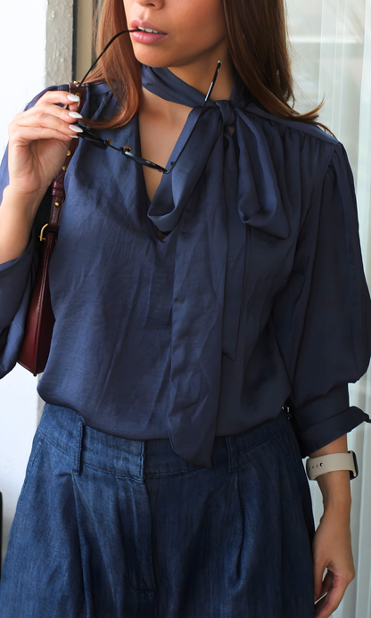 Indigo Neck Tie Detail Top