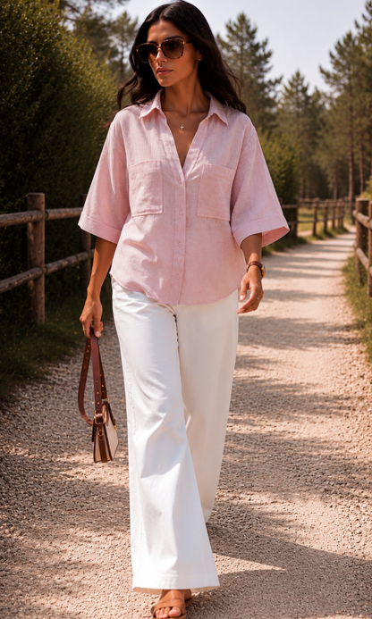 Pink Textured Cropped Shirt