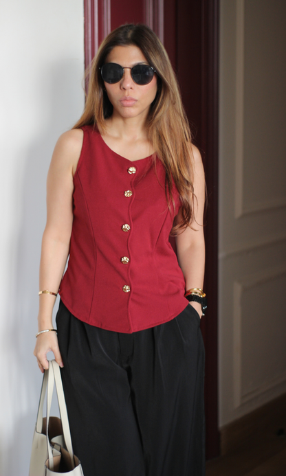 Cherry Red Scalloped Button-Front Vest