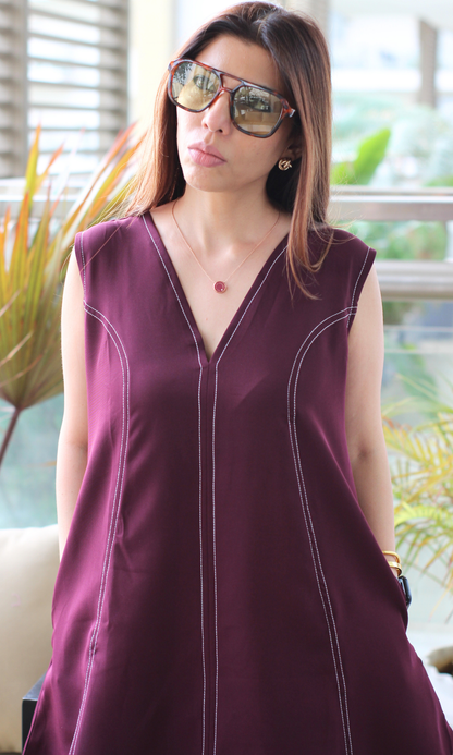 Wine Stitch A-Line Dress