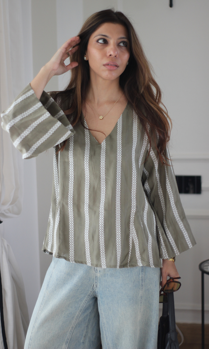 Olive Woven Border Stripe V-Neck Top