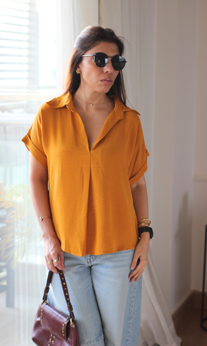 Burnt Caramel Gathered V-Neck Top