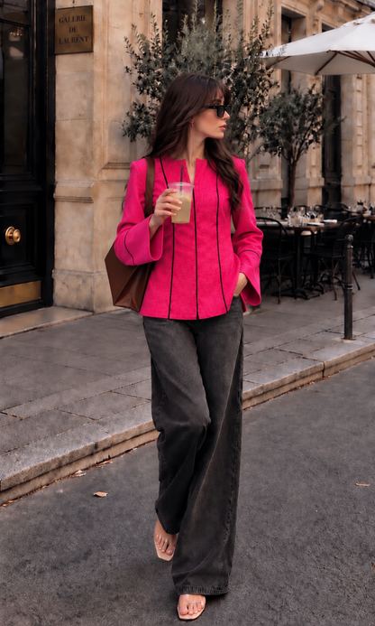 Contrast-Piped Fuchsia Rose Blouse