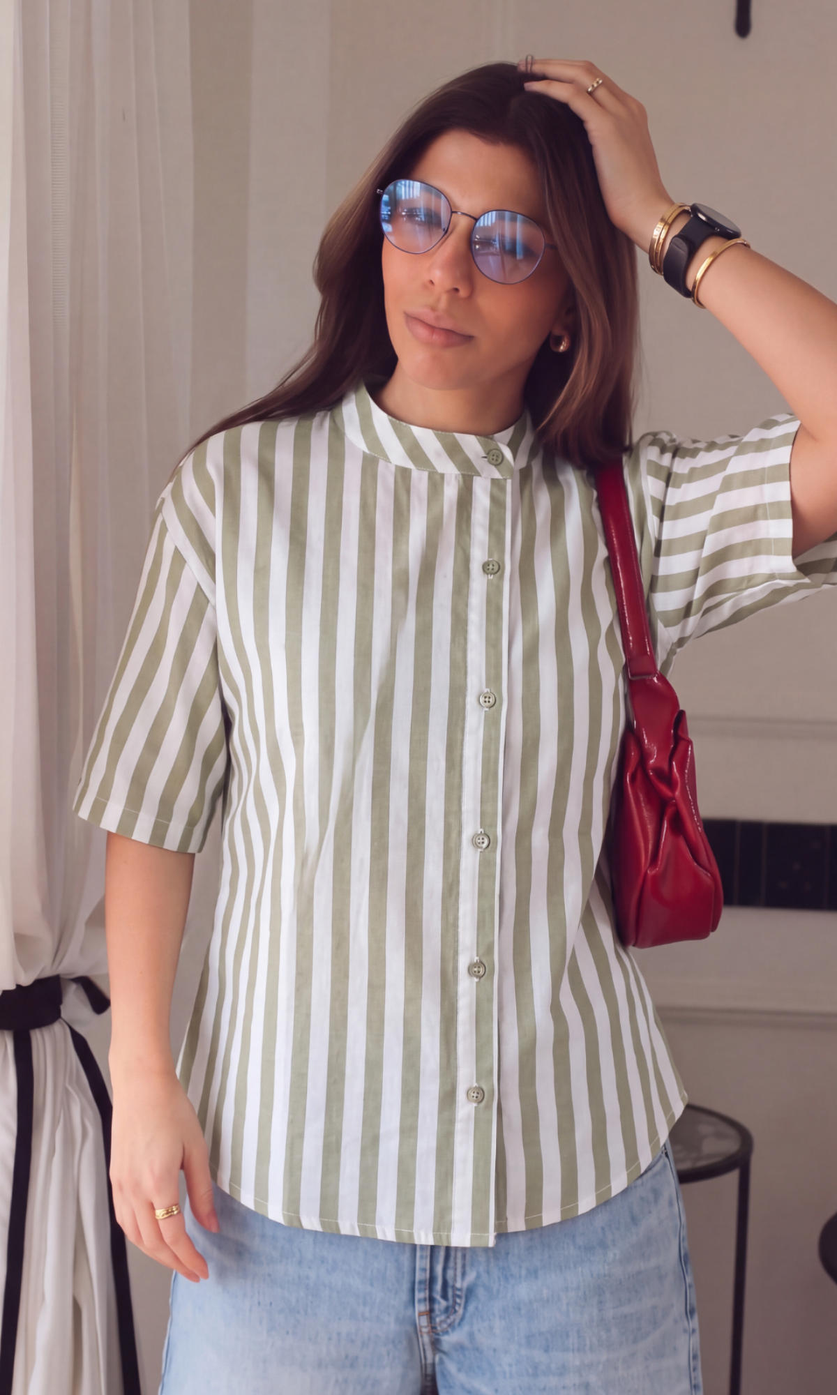 Olive Green Striped Mandarin Collar Shirt