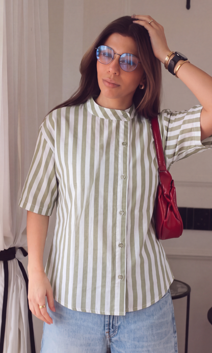 Olive Green Striped Mandarin Collar Shirt