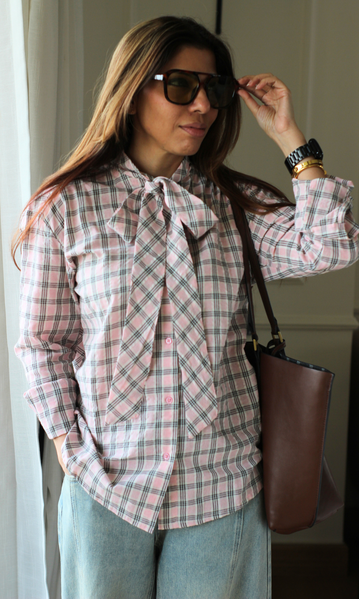 Ivory Pink Check Bow Tie Shirt