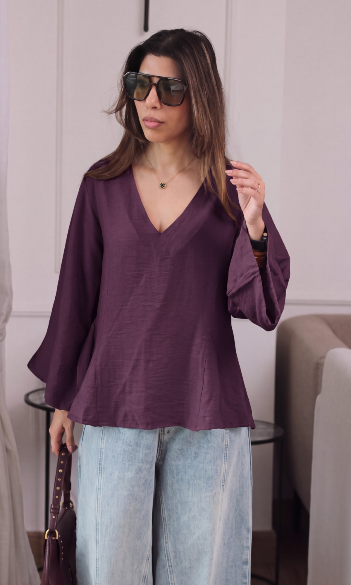 Mauve Textured V-Neck Top