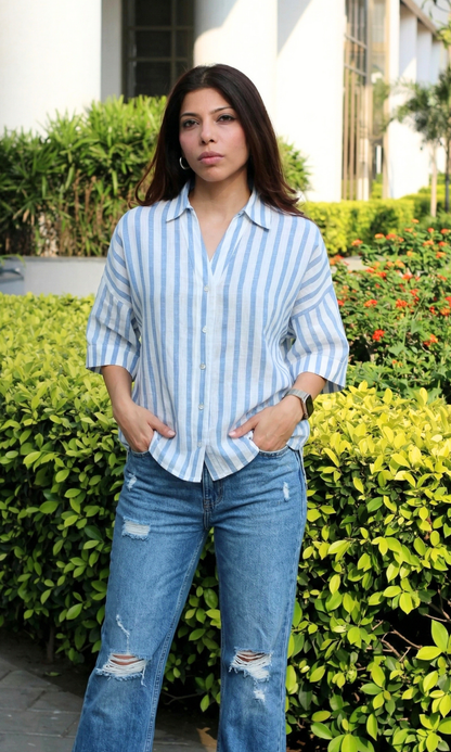 Blue White Linear Loose Shirt
