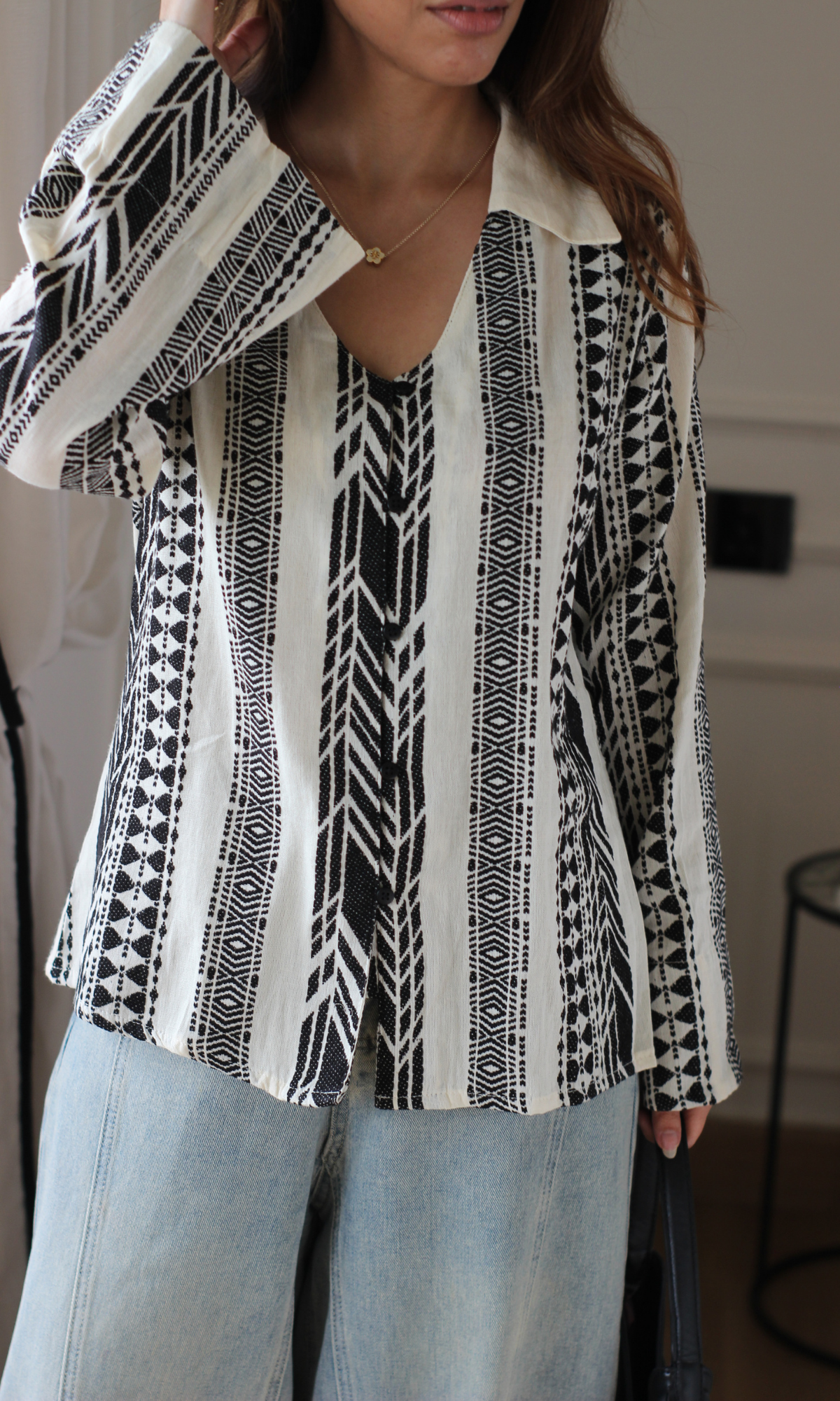 Ivory Geometric Jacquard Flared Sleeve Shirt