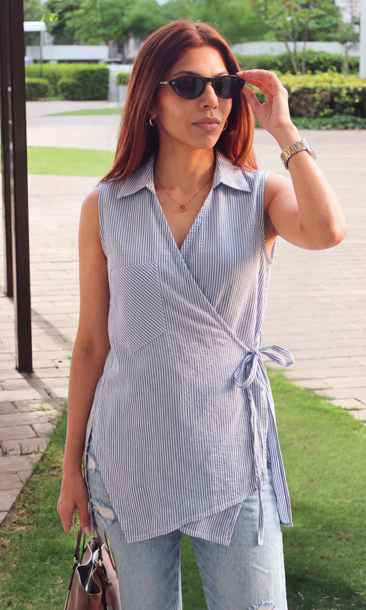 Blue Stripe Sleeveless Kimono Top