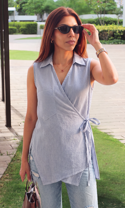 Blue Stripe Sleeveless Kimono Top