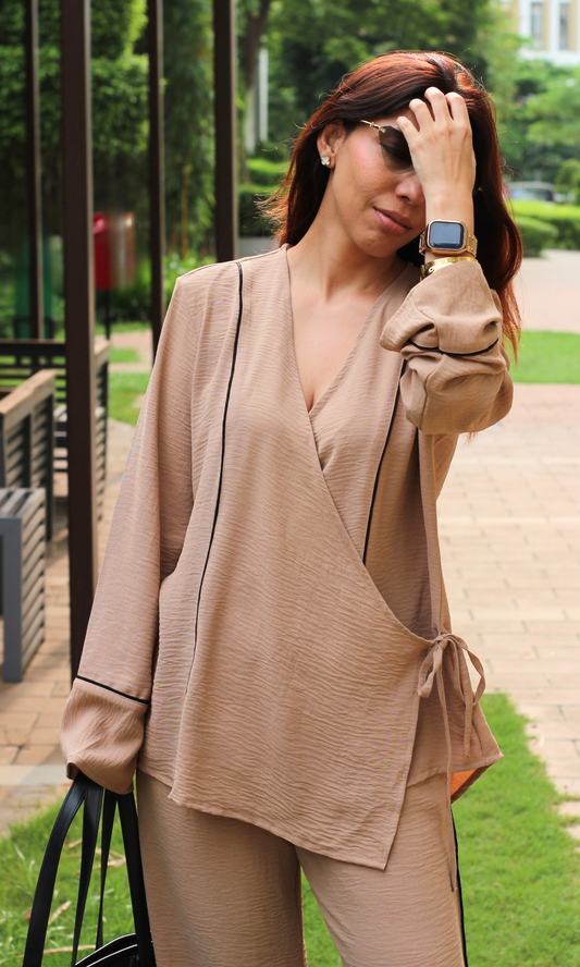 Beige Ink Outline Kimono Co-ord