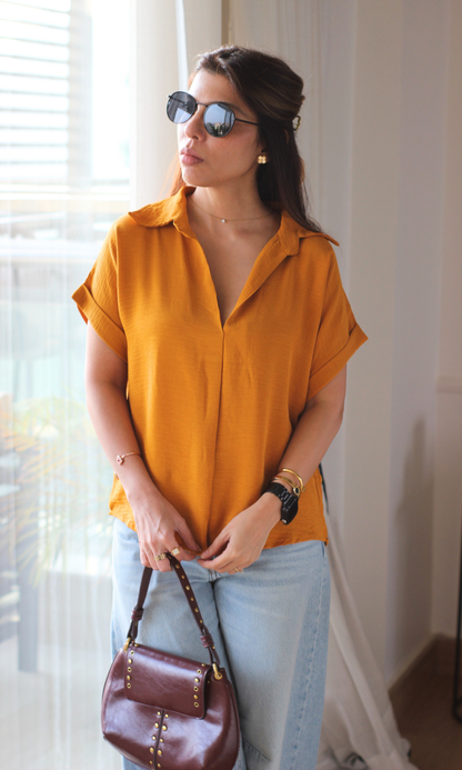 Burnt Caramel Gathered V-Neck Top