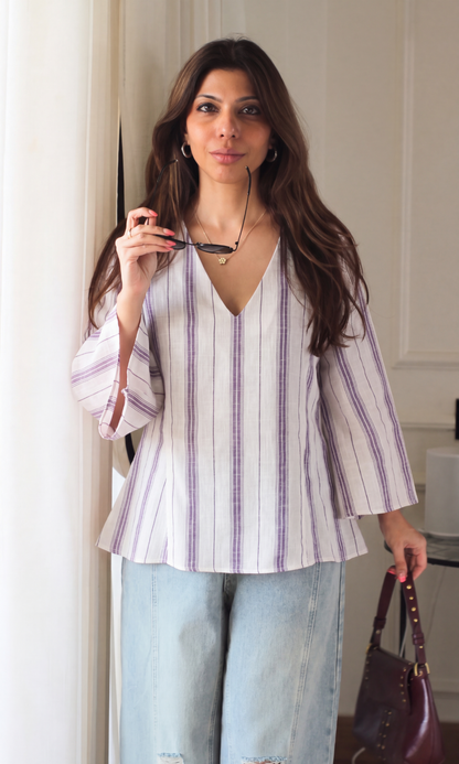 Ivory Stripe Linen V-Neck Peplum Top
