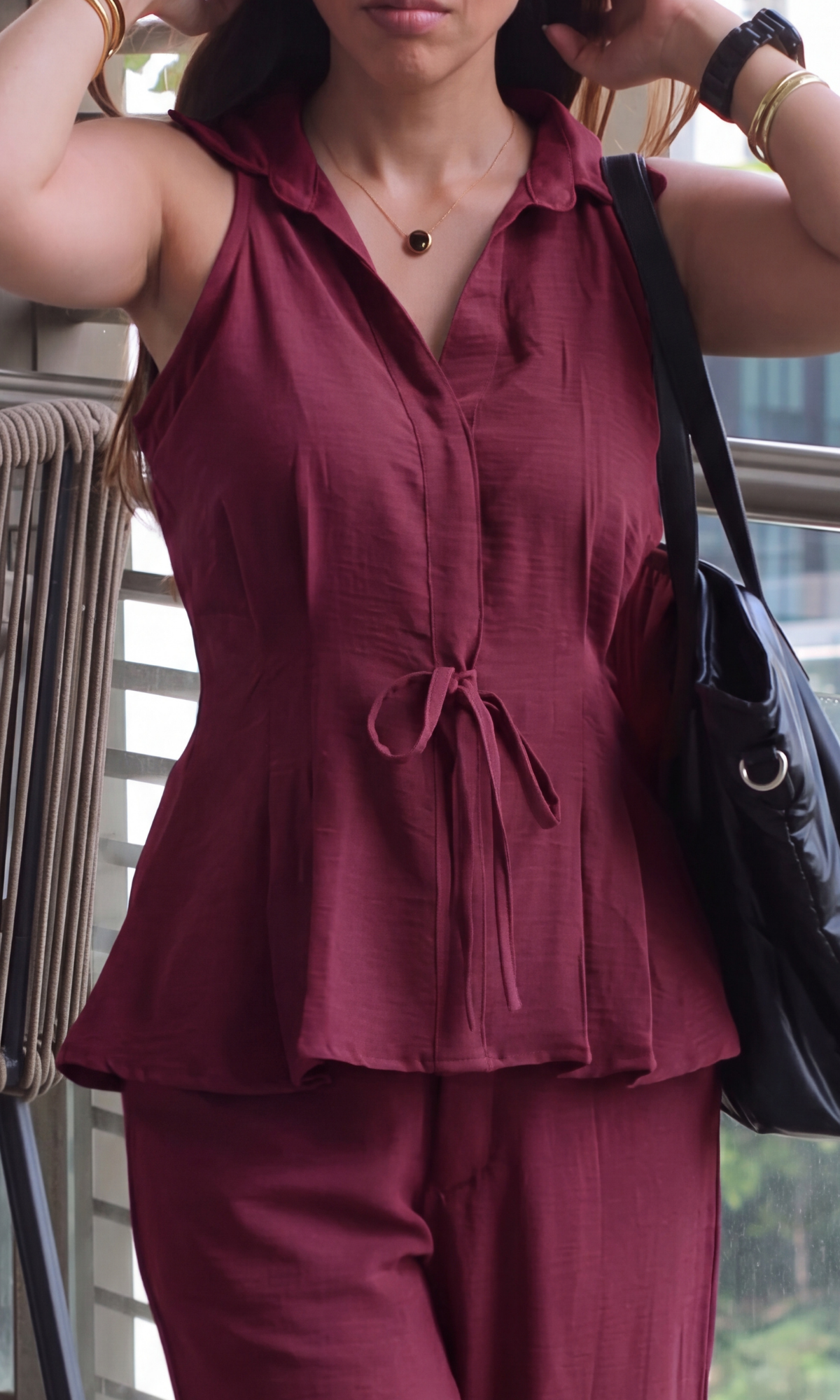 Dark Red String Detail Top and Flared Pants Co-ord