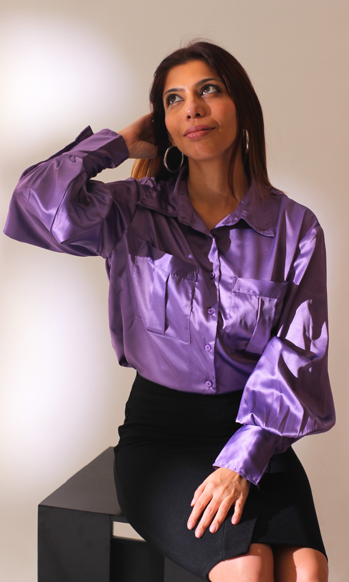 Purple Balloon Sleeved Satin Shirt