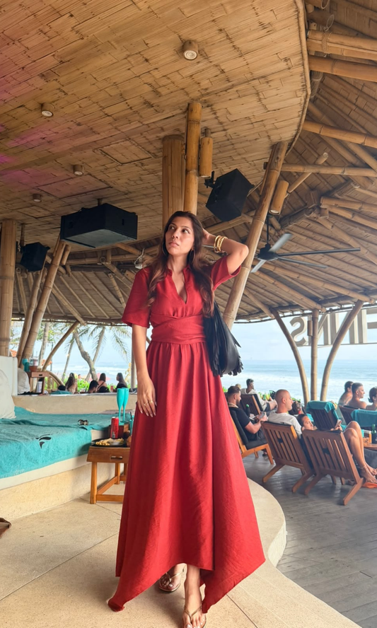 Red Half Sleeve Handkerchief Hem Dress