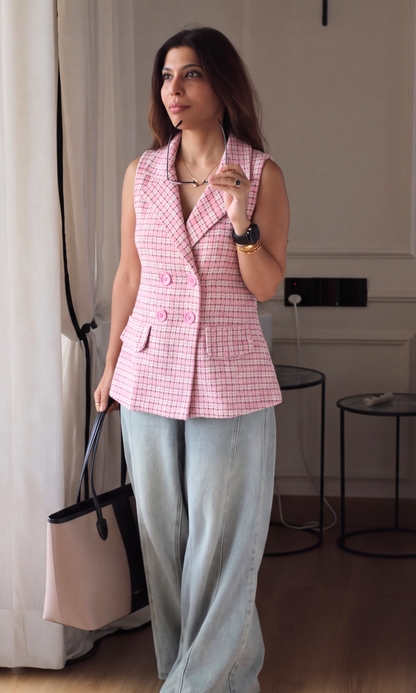 Pink & Chocolate Check Double-Breasted Waistcoat