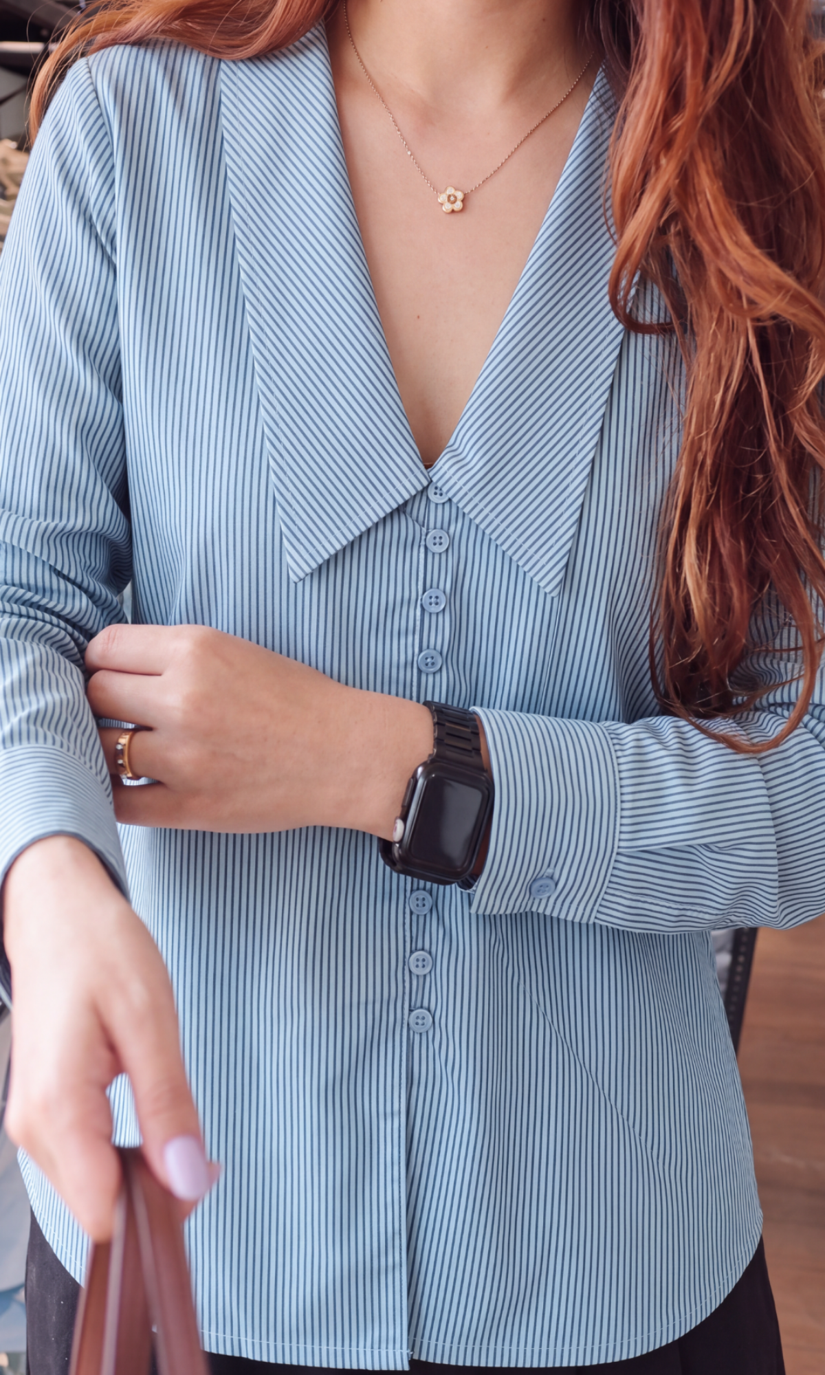 Ecru Navy Stripe Oversized-Collar Shirt
