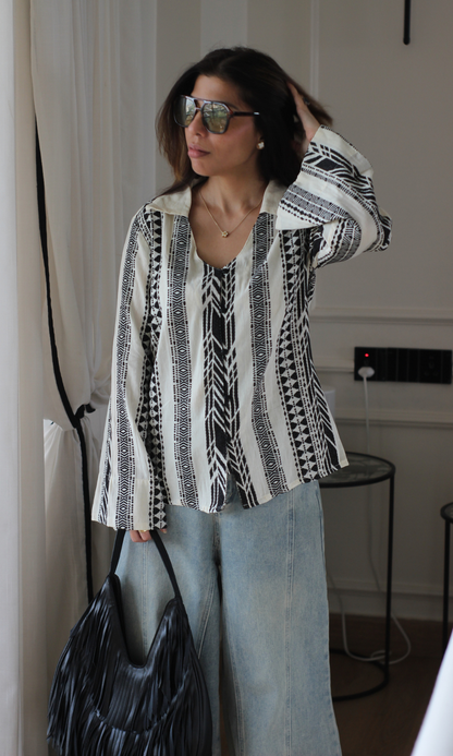Ivory Geometric Jacquard Flared Sleeve Shirt