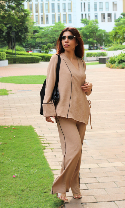 Beige Ink Outline Kimono Co-ord