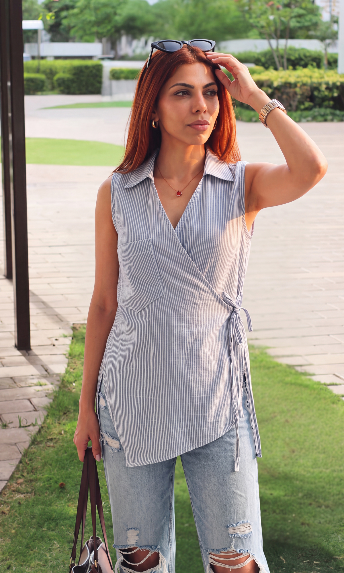 Blue Stripe Sleeveless Kimono Top