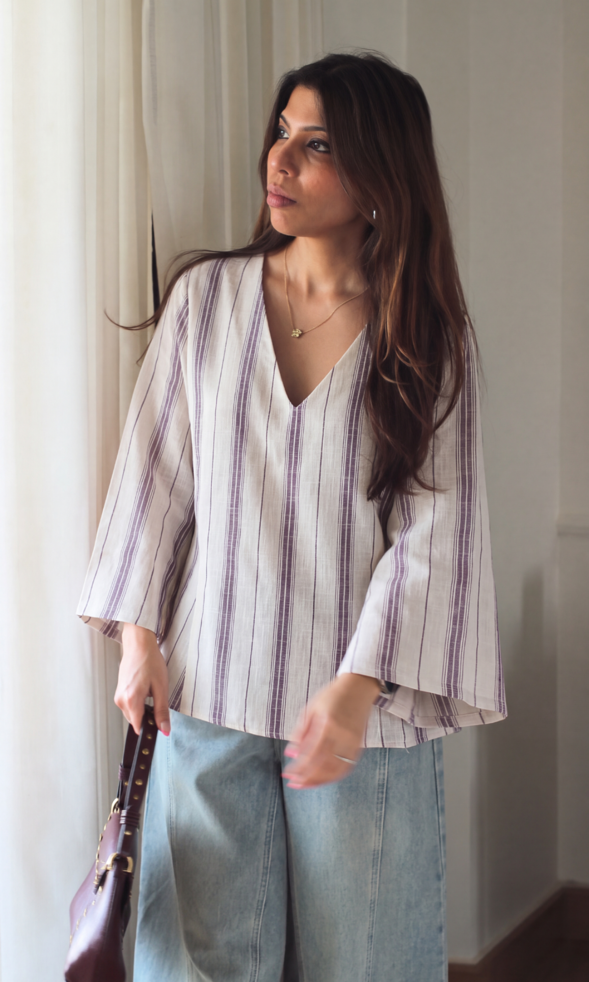 Ivory Stripe Linen V-Neck Peplum Top