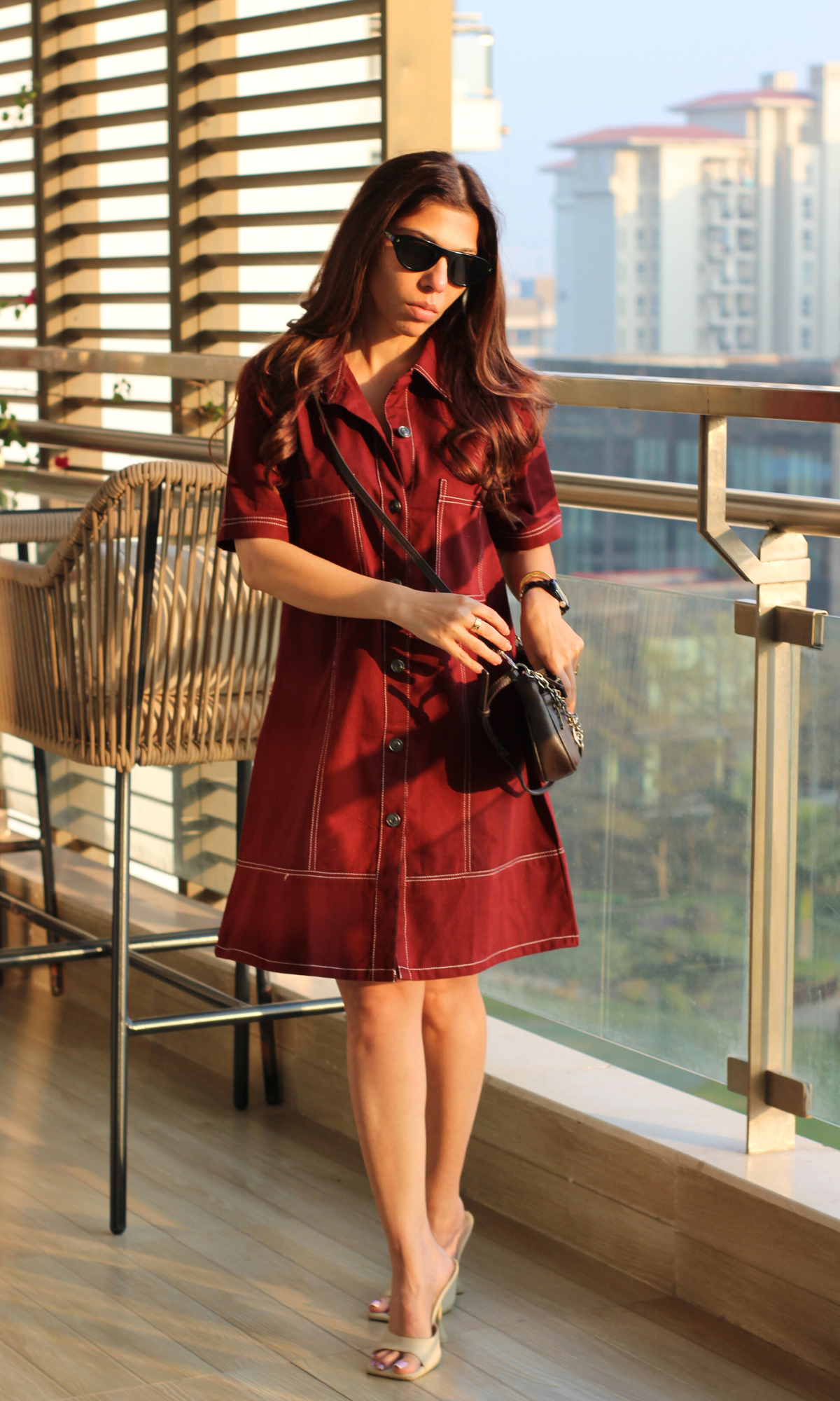 Merlot Sleeved Thread Detail Dress