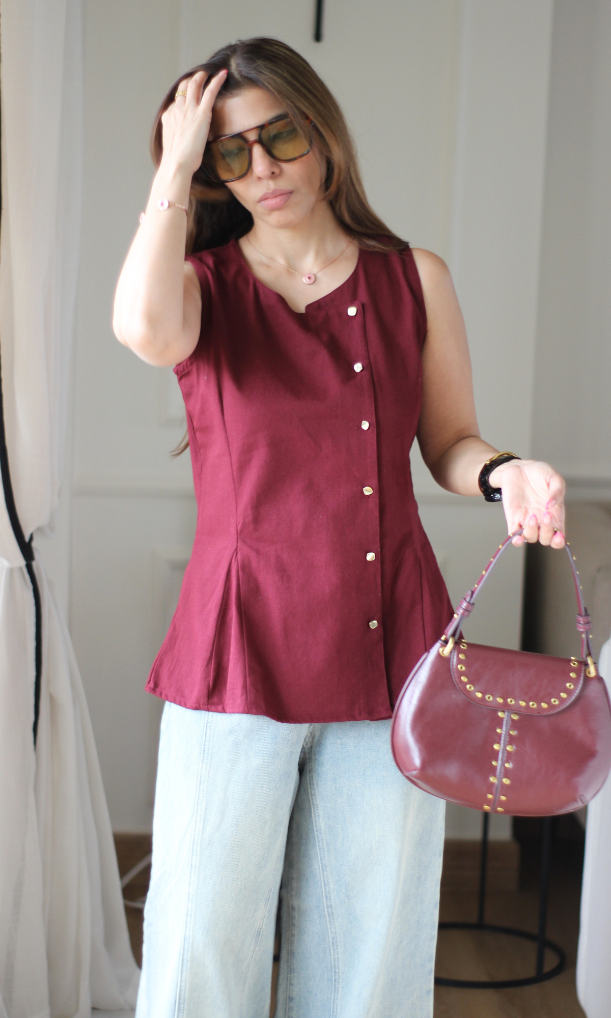 Wine Asymmetric Denim Vest