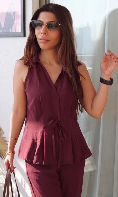 Dark Red String Detail Top and Flared Pants Co-ord