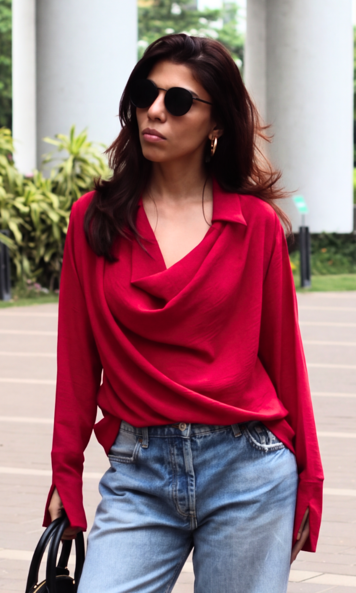 Crimson Collared Cowl Neck Top