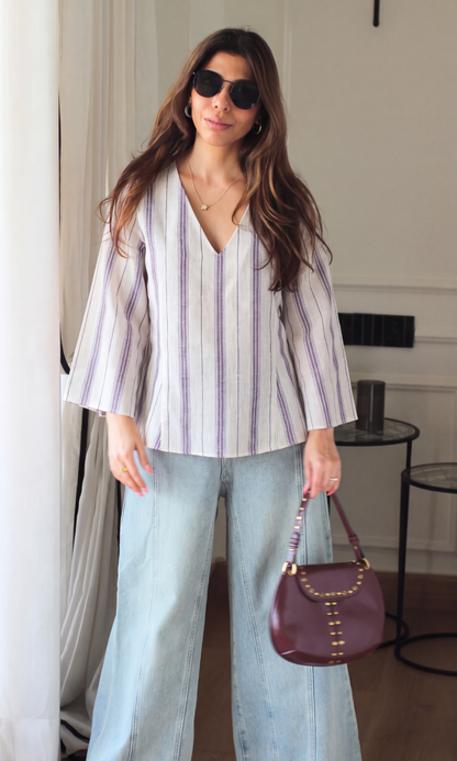 Ivory Stripe Linen V-Neck Peplum Top
