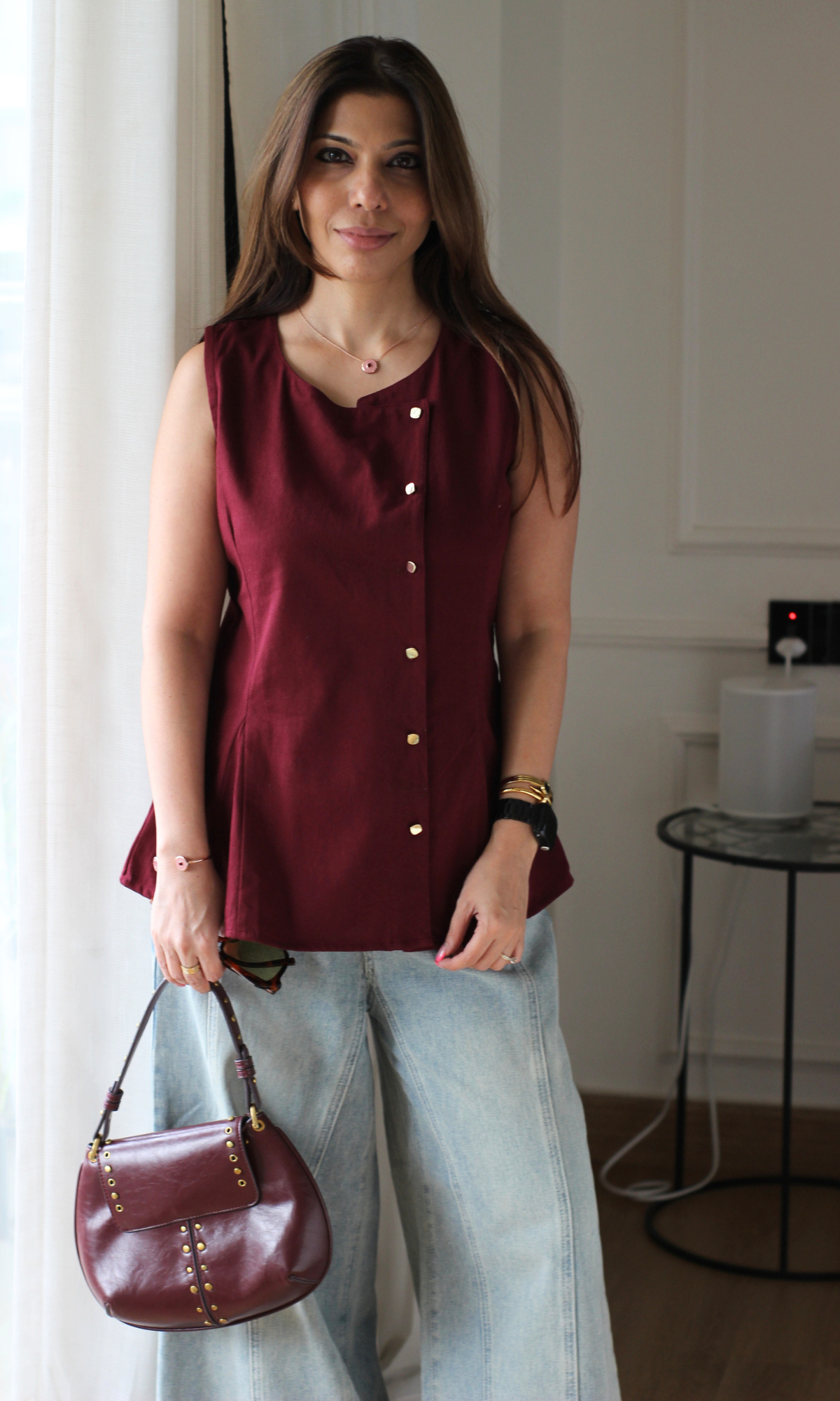 Wine Asymmetric Denim Vest