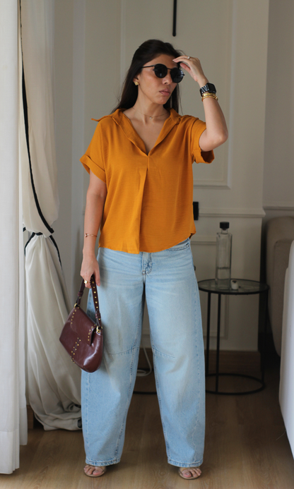 Burnt Caramel Gathered V-Neck Top
