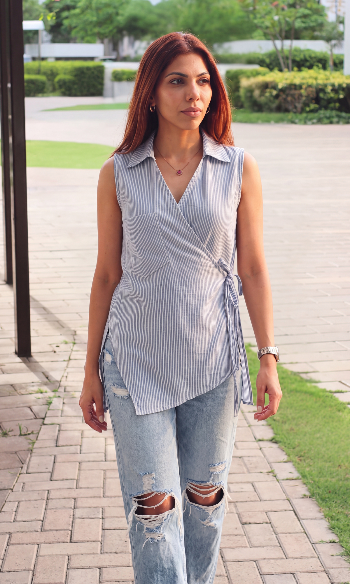 Blue Stripe Sleeveless Kimono Top