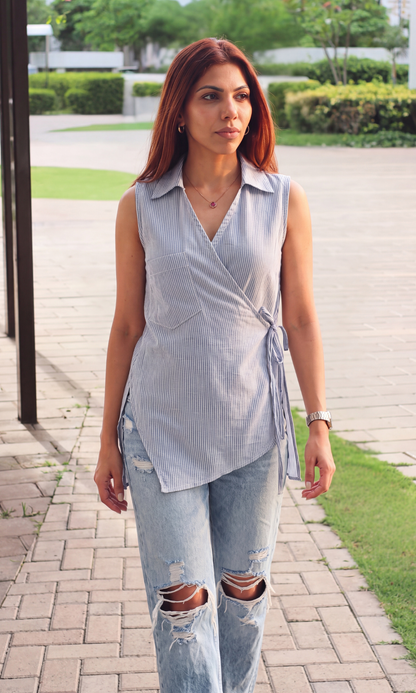Blue Stripe Sleeveless Kimono Top